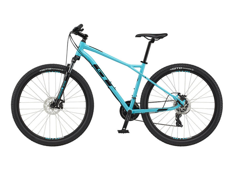 Load image into Gallery viewer, GT Aggressor 29 Comp Tourney Mountain Bike in Aqua Back Angle
